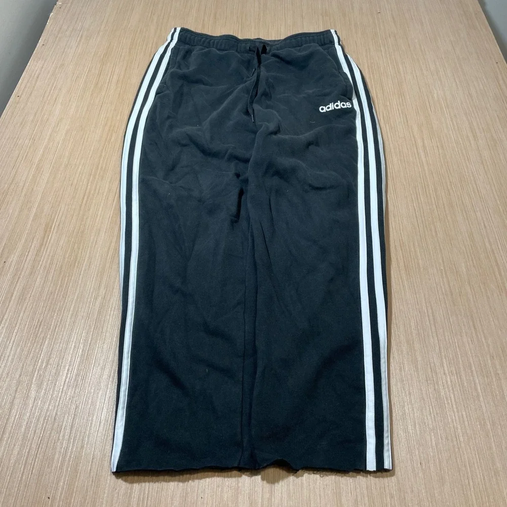 Adidas Sweatpants Mens Medium Black White 3 Stripe Raw Hem Fleece Joggers
